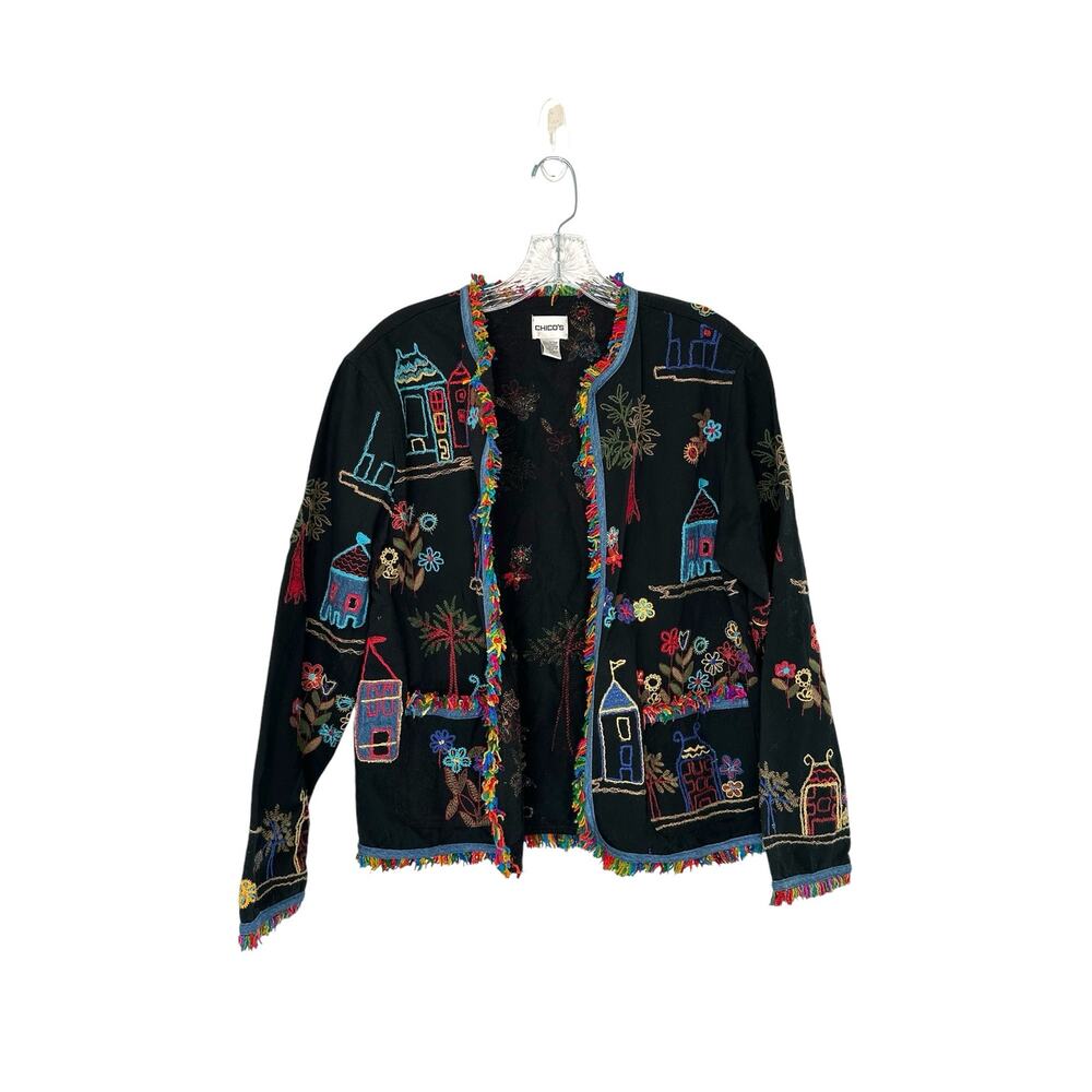 Chico's Multicolor Embroidered Fringe Art to Wear Lightweight Jacket Size Medium